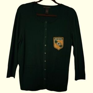 Packers sweater/cardigan, Grace Elements Large, deep green , yellow emblem.